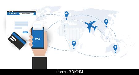 Vektorgrafik der Online-Reisebuchung. Eine Hand hält ein Smartphone mit „PAY“-Text auf dem Bildschirm in der Nähe einer Website. Ein Flugzeug, das über eine Weltkarte fliegt Stock Vektor