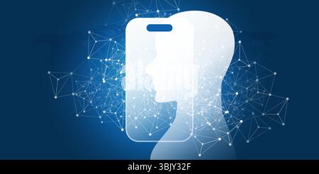 Ein konzeptionelles Blau-weiß-Bild, das KI, maschinelles Lernen und Gesichtserkennung symbolisiert. Ein menschlicher Kopf verschmilzt mit einem Smartphone, überlagert mit einem digi Stock Vektor