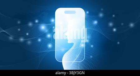 Ein konzeptionelles Blau-weiß-Bild, das KI, maschinelles Lernen und Gesichtserkennung symbolisiert. Ein menschlicher Kopf verschmilzt mit einem Smartphone, überlagert mit einem digi Stock Vektor