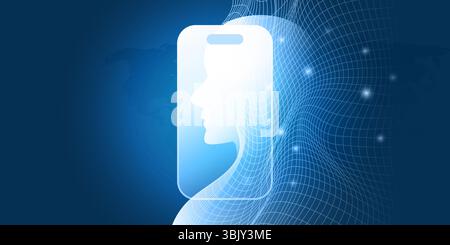Eine dunkelblaue Konzeptdarstellung von KI und Gesichtserkennung. Die Silhouette des menschlichen Kopfes und die Umrisse des Smartphones verschmelzen über einem blauen Netzwerkhintergrund wi Stock Vektor