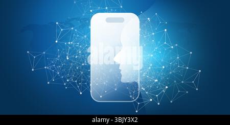 Ein konzeptionelles Blau-weiß-Bild, das KI, maschinelles Lernen und Gesichtserkennung symbolisiert. Ein menschlicher Kopf verschmilzt mit einem Smartphone, überlagert mit einem digi Stock Vektor