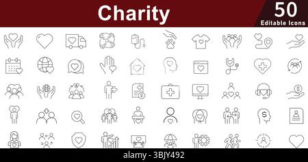 Gemeinnützige gemeinnützige Symbolgruppe - 50 editierbare Spendengemeinschaft Icons für Fundraising, Freiwilligenarbeit und Social Impact Vector Collection Stock Vektor