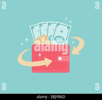 Brieftasche gefüllt mit Scheinen und Münzen, mit einem goldenen Cashback-Pfeil. Illustration des flachen Vektors Stock Vektor