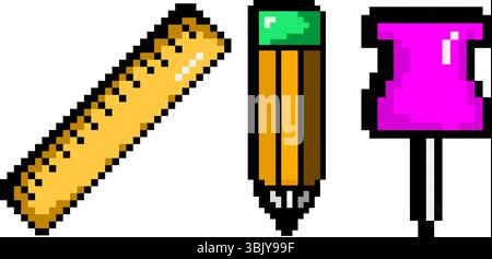 Lineal Bleistift und rosafarbener Stift in Pixelminimalvektorstil. Ikonographie der App für gamifizierte Produktivität Stock Vektor