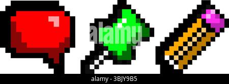 Pixelsymbole mit Sprechblase, Herznadel und kurzem Bleistift. Produktivitäts- und Planungs-Apps Stock Vektor