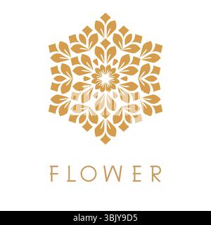 Elegantes Blumenlogo. Abstrakter Vektor, grafisches Zeichen. Gold- und Weißmuster. Stock Vektor
