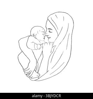 Mutter umarmt das schlafende Baby von Angesicht zu Angesicht. Mutter hält Kind. Grafische Vektorgrafik, Strichgrafik. Mutterschaft zum Muttertag. Für Postkarten Stock Vektor