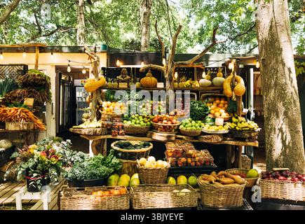 Straßenmarkt mit Obst und Gemüse. Blick auf einen Markt im Freien. Stockfoto