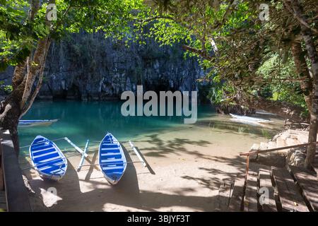 Mehrere blaue und weiße Boote werden an einem Sandstrand neben einem Gewässer gezogen, möglicherweise für Touristen, um die nahegelegene Höhle zu erkunden. Stockfoto