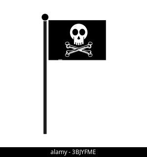 Piratenschädel und Crossbone Flag. Piratenfahne mit einem weißen Schädel über zwei gekreuzten Knochen. Die Fahne ist an einem vertikalen schwarzen Fahnenmast befestigt. Stock Vektor