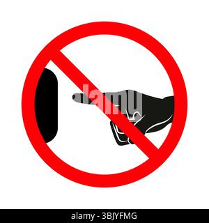 Schild Nicht Berühren. Eine Abbildung eines Verbotsschildes mit einer schwarzen Silhouette einer menschlichen Hand, die zu einer Taste oder Oberfläche reicht. Stock Vektor