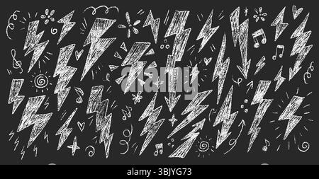 Kreidezeichnung mit Blitzschlägen, Pfeilen und Musiknoten für kreative Designs. Bietet eine raue Struktur und vielseitige Elemente. Vektorabbildung Stock Vektor