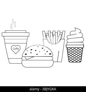 Fastfood-Kombination. Symbol für Burger-Pommes. Kaffee Eis Vektor. Konturieren Sie die Snackform. Stock Vektor