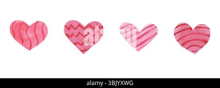 Set aus rosafarbenen Herzen strukturierte Aquarelllinien Streifen handgezeichneter Nass-Effekt auf Papier Stockfoto