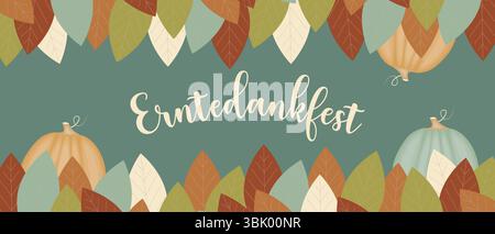 Erntedankfest-Banner, Übersetzung von Thanksgiving mit Kürbissen und Blatt. Vektorabbildung Stock Vektor