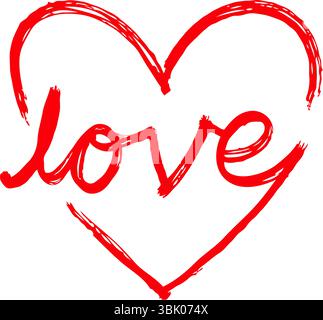Rote Herzkontur mit dem Wort Liebe innen, handgezeichneter Skizzenstil auf weißem Hintergrund, symbolisiert Romantik und Zuneigung Stock Vektor