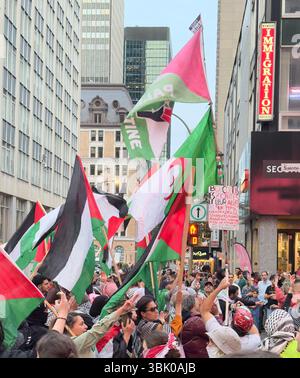 Montreal, Kanada - 13. Juni 2025: Demonstranten halten palästinensische Fahnen und ein Banner während einer pro-palästinensischen Demonstration in der Innenstadt von Montreal. Stockfoto