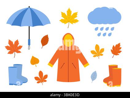 Farbenfrohe Herbstregenelemente wie Stiefel, Mantel, Regenschirm und fallende Blätter in einem verspielten Arrangement Stock Vektor