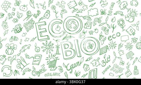 Horizontales Banner mit ökologischen und biobezogenen Objekten und Elementen. Handgezeichnete Vektor-Doodle-Illustration Stock Vektor