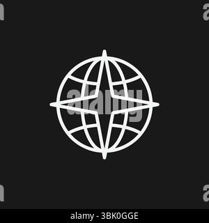 Globus mit Kompassrose auf schwarzem Hintergrund, für globale Navigation oder internationales Geschäft, weißes Umrisssymbol Stock Vektor