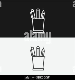 Bleistifthalter mit Stiften und Bleistiften auf Schwarz-weiß-Hintergrund, die Bürobedarf oder Kreativität repräsentieren, weißes Outline-Symbol Stock Vektor