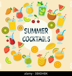 Farbenfrohe Sommercocktails. Tropische Erfrischende Getränke Vektor-Illustration. Stock Vektor
