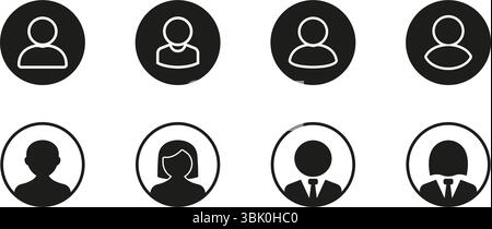 Benutzer- und Business-Avatar-Symbole in ausgefüllten und konturierten Kreisrahmen. Platzhalter für professionelles und anonymes Anmeldeprofil Silhouette Stock Vektor