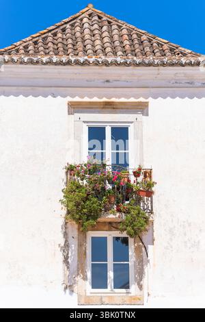 Farbenfrohe blühende Pflanzen tauchen von einem kleinen eisernen Balkon vor einer sonnendurchfluteten weißen Fassade mit gekacheltem Dach und blauem Himmel in Tavira, Portugal, aus. Stockfoto