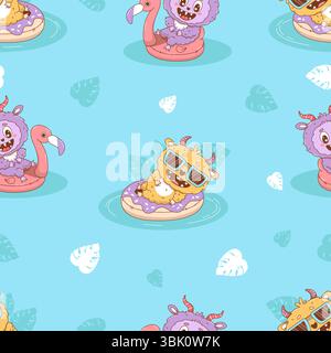 Nahtloses Muster mit süßem Sommer-Monster auf aufblasbarem rosa Flamingo und Donut auf blauem Hintergrund mit tropischen Blättern. Beach Cartoon lustige Kawaii ch Stock Vektor