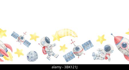 Rote Raketen, Satelliten, Sterne, Kometen und Astronauten in grauen Raumanzügen bilden dieses Raumklipart mit nahtlosem Rand. Ideal für Einladungskarten, Schreibwaren oder Produktverpackungen für Kinder Stockfoto