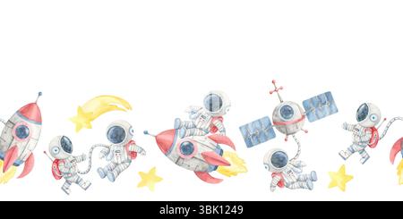 Weltraumforscher, gelbe Kometen, Sterne, rote Raketen und graue Satelliten in einem nahtlosen Clipart mit Wasserfarben. Verwenden Sie es für druckbare Lesezeichen, Weltraum-Banner oder Designelemente für Kinderzimmer Stockfoto
