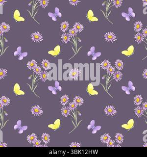 Nahtlose Muster Aquarellillustration von gelben und Lavendelschmetterlingen mit Astersterblüten auf tiefem Pflaumen. Wildblumen und Insekten Clipart eignet sich gut für Geschenkverpackungen, Tapeten und Stoffdrucke Stockfoto