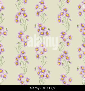 Rosa-lila Astern auf olivbeigem Hintergrund in nahtlosem Aquarell-Clipart. Wildblumenillustration ideal für Wohnkultur, Geschenkverpackung und Papierwaren mit einem Blumenmotiv Stockfoto