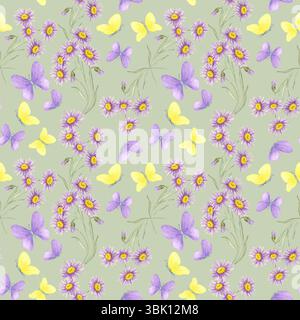Astern und fliegende Schmetterlinge in Gelb und Lavendel auf gedämpftem grünen Hintergrund in einem nahtlosen Muster Aquarell Clipart. Wildblumen und Insekten ideal für Notizbücher, Tapeten und Geschenkartikel Stockfoto