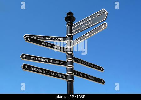 London Retro-Straßenschilder mit Wegbeschreibung zu einigen berühmten Sehenswürdigkeiten in der Stadt, Reiseziel Stock Photo Image Stockfoto