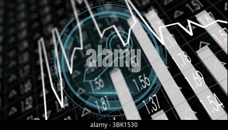 Türkisfarbenes Vorhängeschloss-Symbol zur Sicherung von Daten auf der Finanzschnittstelle mit Balken- und Liniendiagrammdaten Stockfoto