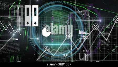 Anzeigen von Liniendiagrammüberlagerungen auf dem Server-Rack mit kreisförmigen Markierungen, HUD-Kreisen und Code-Overlays Stockfoto