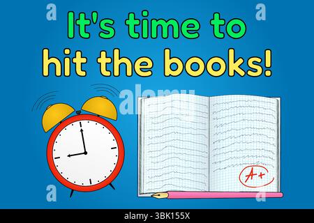 Motivierende Back to School Cartoon Vektor Illustration mit Wecker, offenem Notizbuch und Text es ist Zeit, die Bücher zu schlagen. Für Bildungswebseiten, Stock Vektor