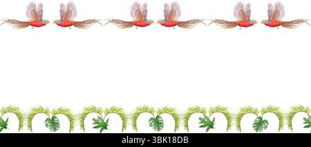 Fliegende tropische Vögel mit langen Schwänzen Palmblätter Aquarellrand isoliert auf weiß. Handbemalt, perfekt für Hochzeit Schreibwaren, Stoff Stockfoto