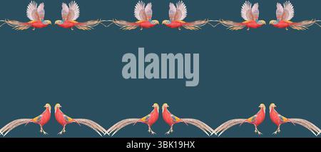 Tropische Vögel mit langen Schwänzen elegante nahtlose Borte auf dunklem Hintergrund. Handgemalte Aquarelle, perfekt für Schreibwaren, Branding, Stoff, Verpackung Stockfoto