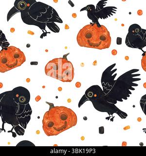 Nahtloses Muster mit Krähen und festlichen Kürbissen unter Konfetti für Halloween. Aquarellillustration handgezeichneter Cartoon. Zeichnung für Textil, für Stockfoto