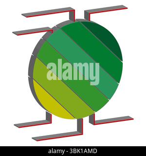 Grünes rundes Symbol. Struktur der Vektorform. Kräftige rote Elemente. Weißer Kontrasthintergrund. Stock Vektor