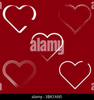 Umrissene Herzform. Romantischer roter Hintergrund. Valentinstag-Liebesvektor. Einfaches weißes Symbol. Stock Vektor