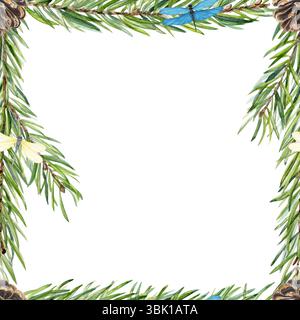 Tannenzweige, Kegel, Libellen ein botanischer quadratischer Rahmen. Handgemalt in Aquarell. Perfekt für umweltfreundliches Branding, Einladungen, Verpackungen, Begrüßungen Stockfoto