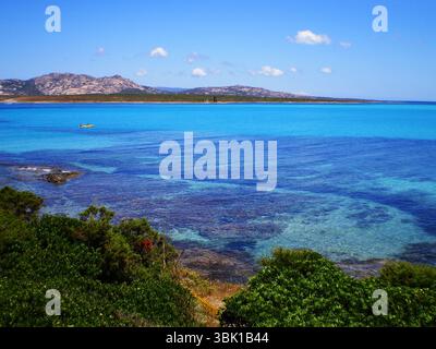 Kristallklares türkisfarbenes Wasser hüllt sanft auf den weichen weißen Sand des La Pelosa Beach in Stintino, Sardinien. Dieses mediterrane Paradies ist umrahmt Stockfoto