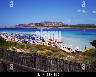 Hellblaues Wasser des Meeres in Stintino, Sardinien, Italien. Eine atemberaubende Küstenlandschaft mit unberührtem Strand, sanften Wellen und einer ruhigen Umgebung Stockfoto