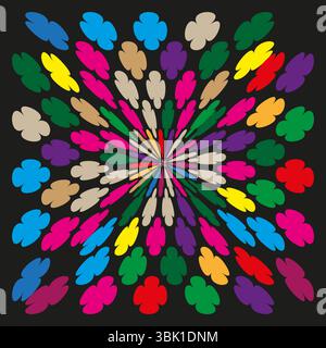 Farbenfrohe Blütenblätter. Blumenmuster mit Fingerabdruck. Radiale abstrakte Form. Schwarzer Hintergrund. Stock Vektor