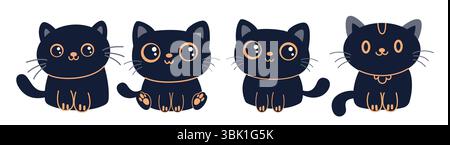 Halloween Katzen Charaktere Clipart Set. Niedliches schwarzes Katzentier-Zeichnen-Clip-Art mit verschiedenen Posen für Horror, gruselige, gruselige und skittische Halloween Stock Vektor