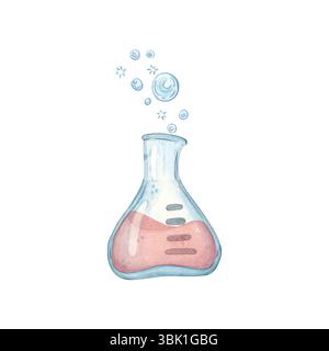 Laborkolben mit roter Flüssigkeit und Blasen. Aquarellillustration handgezeichneter Cartoon. Zeichnung für Textilien, Papier, Karten und Einladungen Stockfoto