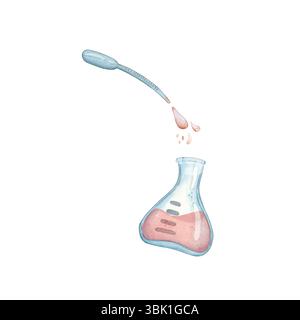 Laborkolben mit roter Flüssigkeit und Pipette mit Tropfen. Aquarell handgezeichnete Zeichentrickillustration. Zeichnung für Poster, Karten und Infografiken Stockfoto